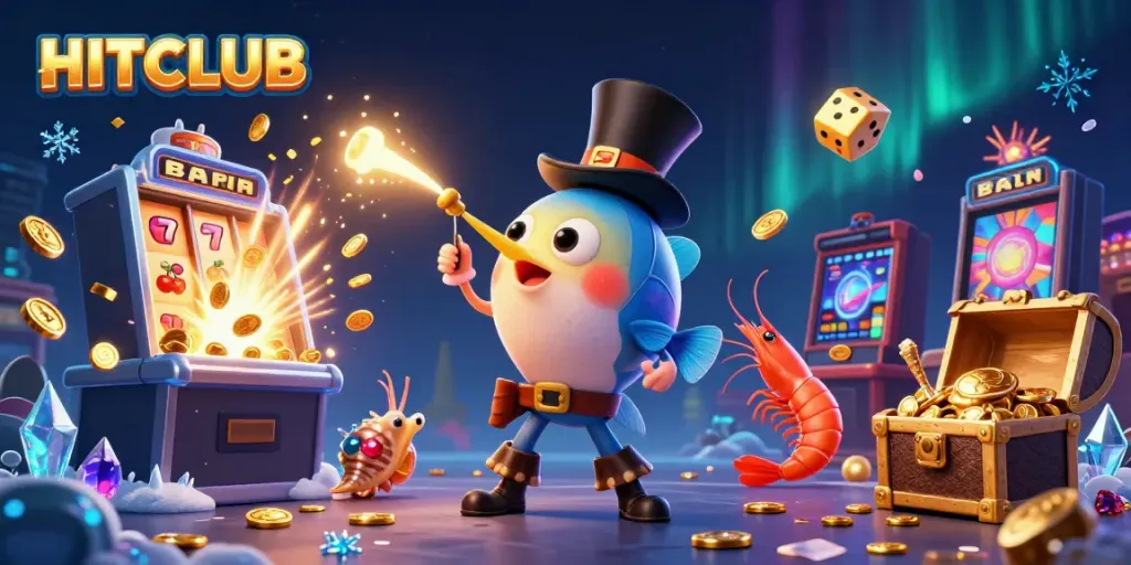 HITCLUB attracts players with a vibrant scene filled with gold coins and cartoon characters.