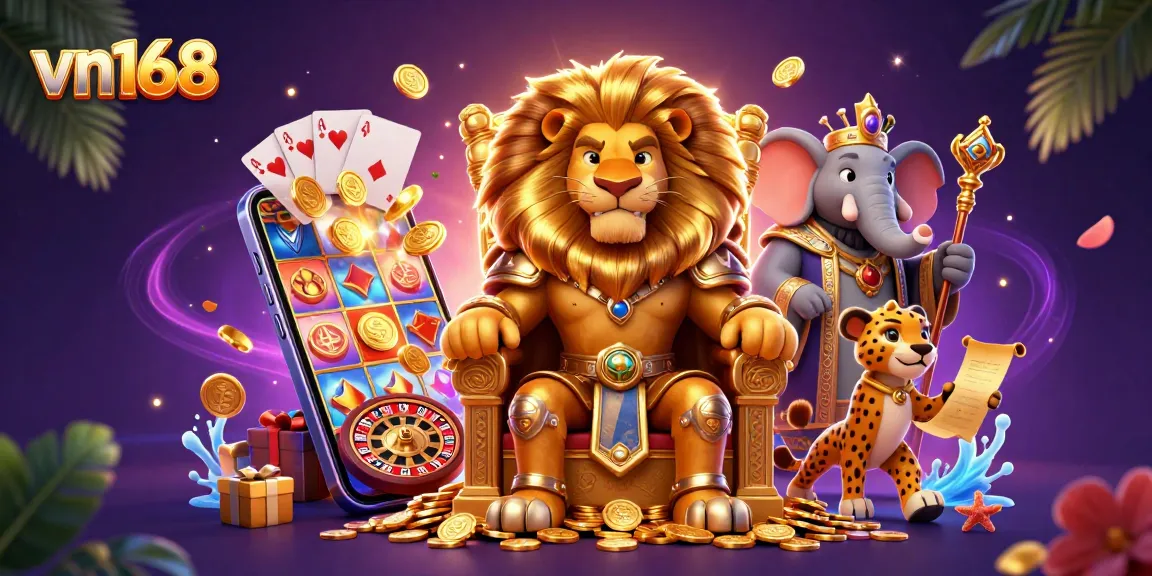 Experience the excitement at vn168 with a captivating illustration of a lion king surrounded by casino elements.