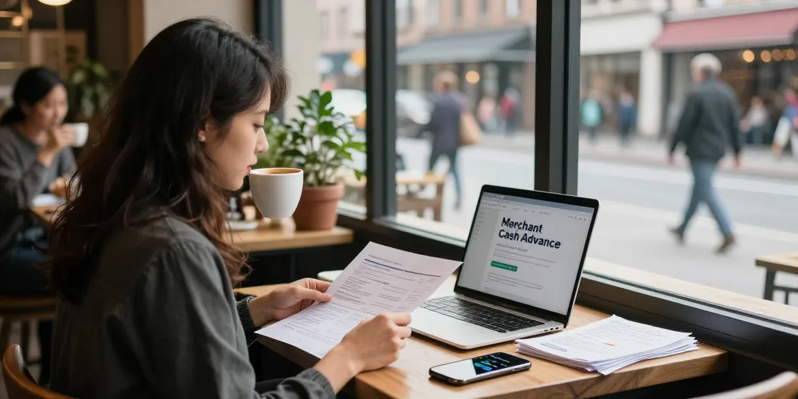 Small business owner reviewing documents for an instant merchant cash advance in a city cafe.