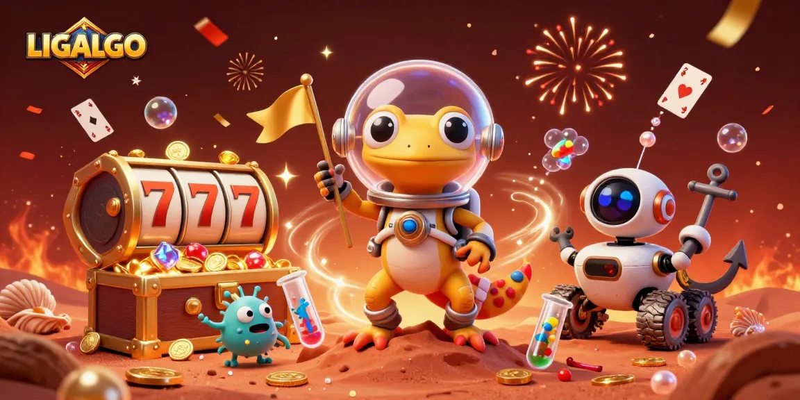 LIGALGO showcases a whimsical 3D illustration featuring a Martian gecko and a casino, epitomizing online gaming excitement.