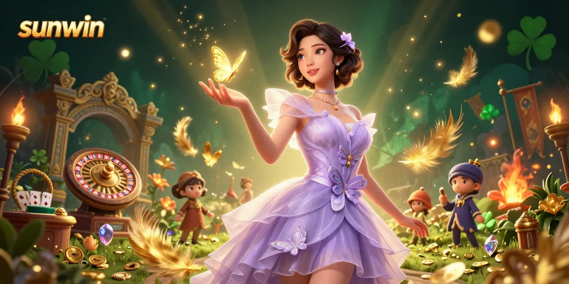 Try your luck at Sunwin with vibrant casino elements and golden rewards in this captivating scene.