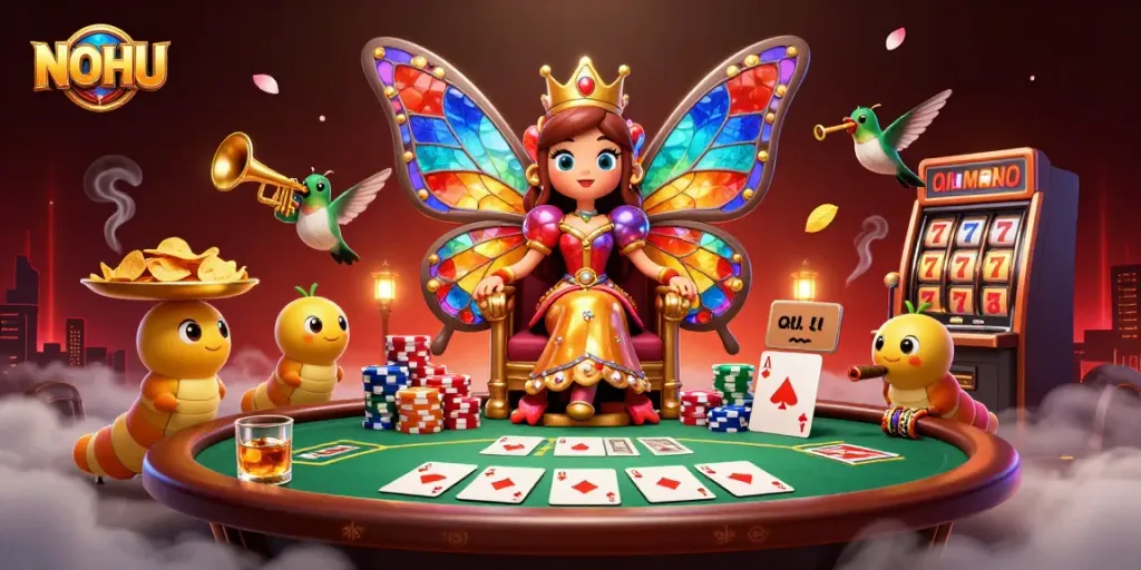 Play games at NOHU's vibrant casino scene featuring a butterfly queen in a rich 3D illustration.