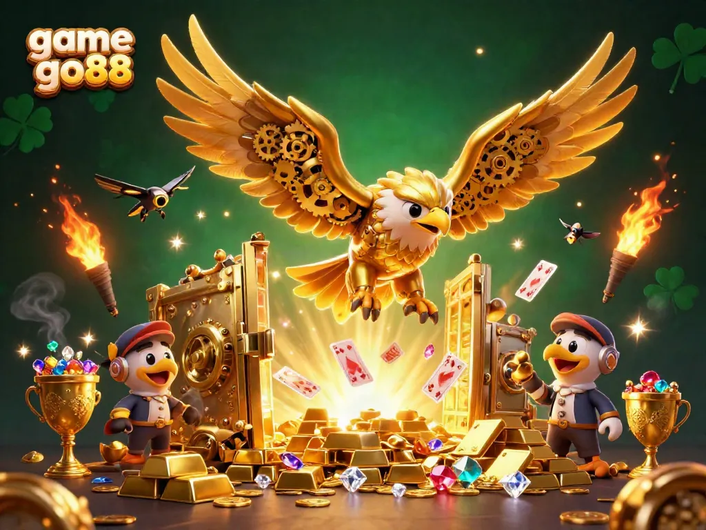 Engage with game go88's golden adventure featuring a cybernetic eagle amidst dazzling casino treasures.