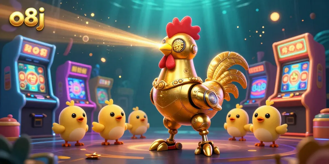 Bet on exhilarating games with o8j's golden rooster robot and dynamic baby chick drones in a vibrant casino scene.