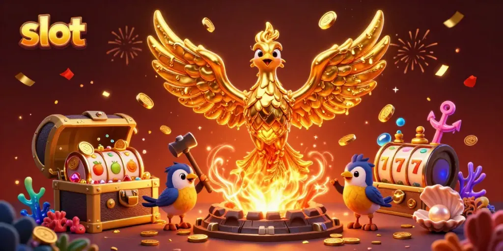 Experience the thrill of winning at slot games with a dynamic scene featuring golden phoenix and treasure elements.