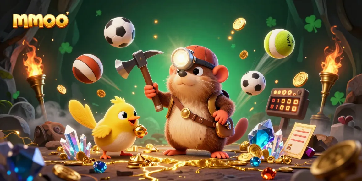 Experience thrilling gameplay at mmoo with a 3D cartoon treasure hunter scene filled with golden gems and sports elements.