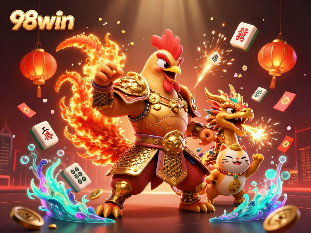 Engage in thrilling gameplay with 98win's vibrant fantasy scene featuring a rooster warrior and dragon.