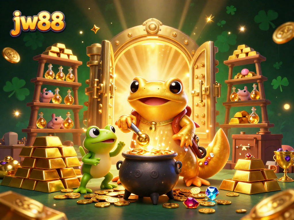 Win big with jw88 at a magical casino scene featuring gold coins and treasures.