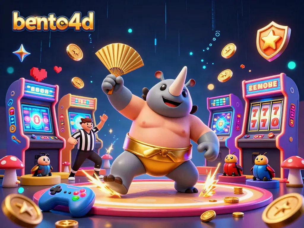 Experience the excitement of bento4d, featuring a sumo beetle champion amidst golden slot machines and neon lights.