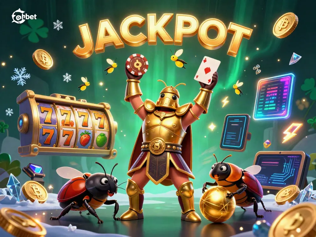 Experience the excitement of febet casino as beetles celebrate a jackpot with neon elements and slot reels.