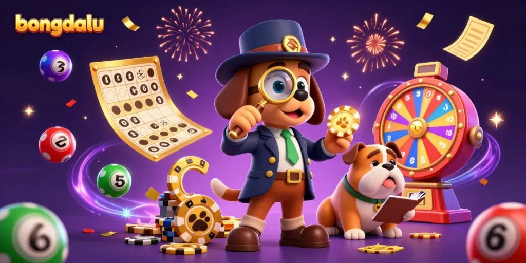 Bongdalu showcases a playful detective scene with characters exploring golden poker chips and lottery balls.