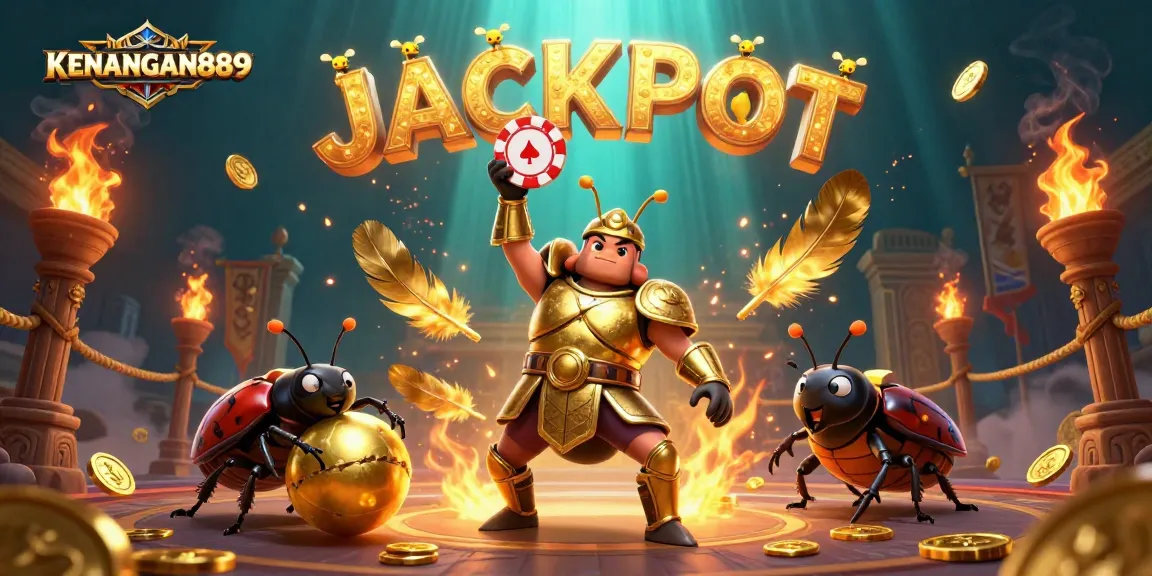 Engage in exciting gameplay at KENANGAN889 with a vibrant illustration of a victorious beetle in a dynamic casino scene.