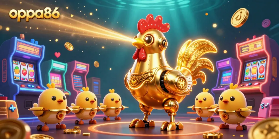 Engage with oppa86's thrilling casino scene featuring a golden rooster robot and colorful game elements.