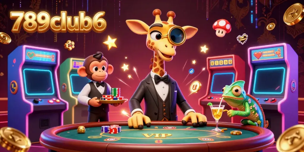 Engage with 789club6's thrilling gaming world featuring a giraffe and friends in a vibrant 3D casino.