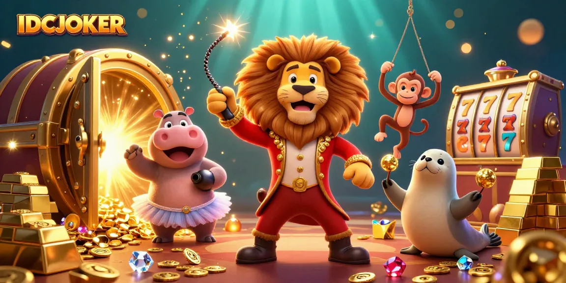 IDCJOKER brings excitement with a vivid illustration of a circus lion, hippo, monkey, and seal amidst slot reels.