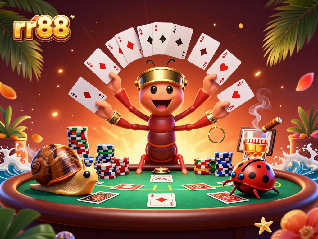 Engage with rr88 in this lively 3D casino scene featuring a millipede dealer and high-roller snail.