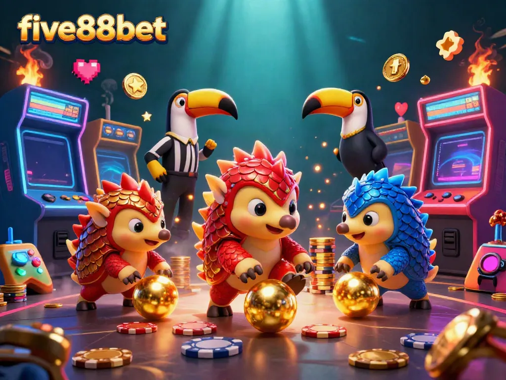 Join the action at five88bet with cartoon pangolins bowling through poker chips and gold.