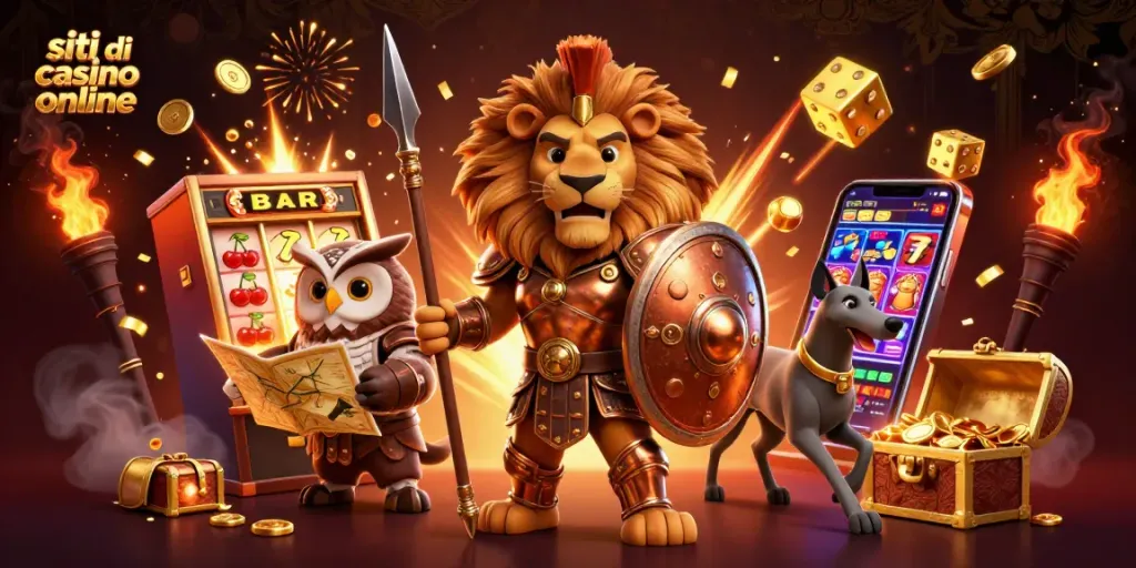 Scopri i migliori siti di casino online con un leone spartanico e simboli di gioco avvincenti.