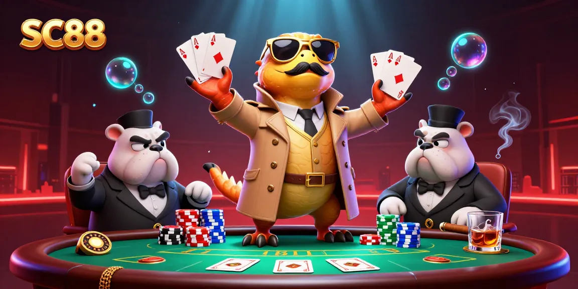 SC88 raptors in a trench coat humorously attempting VIP casino entry amidst vibrant poker elements.