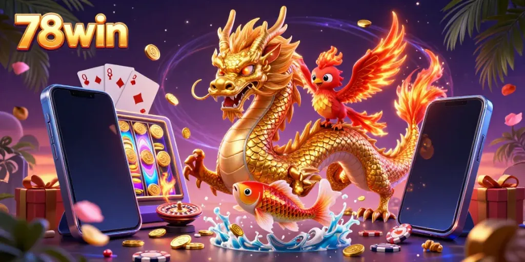 Experience thrilling gameplay with 78win featuring a majestic dragon, phoenix, and koi fish amidst colorful casino elements.