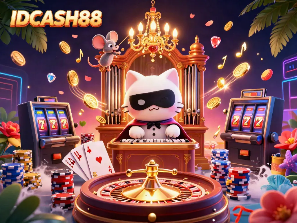Spin the reels at IDCASH88 with an engaging 3D scene of casino excitement and vibrant characters!
