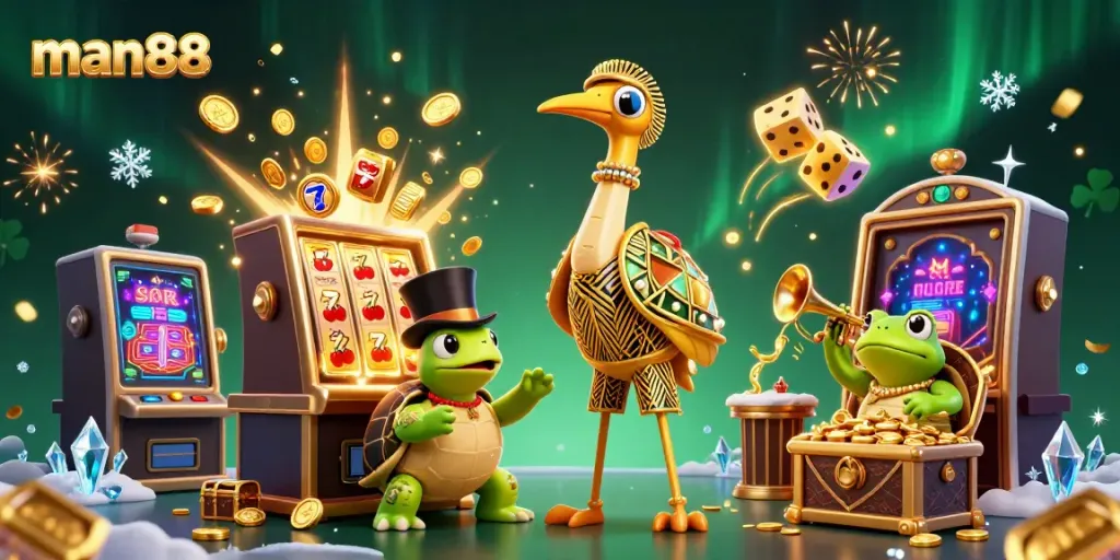 Experience the excitement of man88 with a vibrant 3D casino scene featuring joyful characters surrounded by slot machine explosions and sparkling treasures.