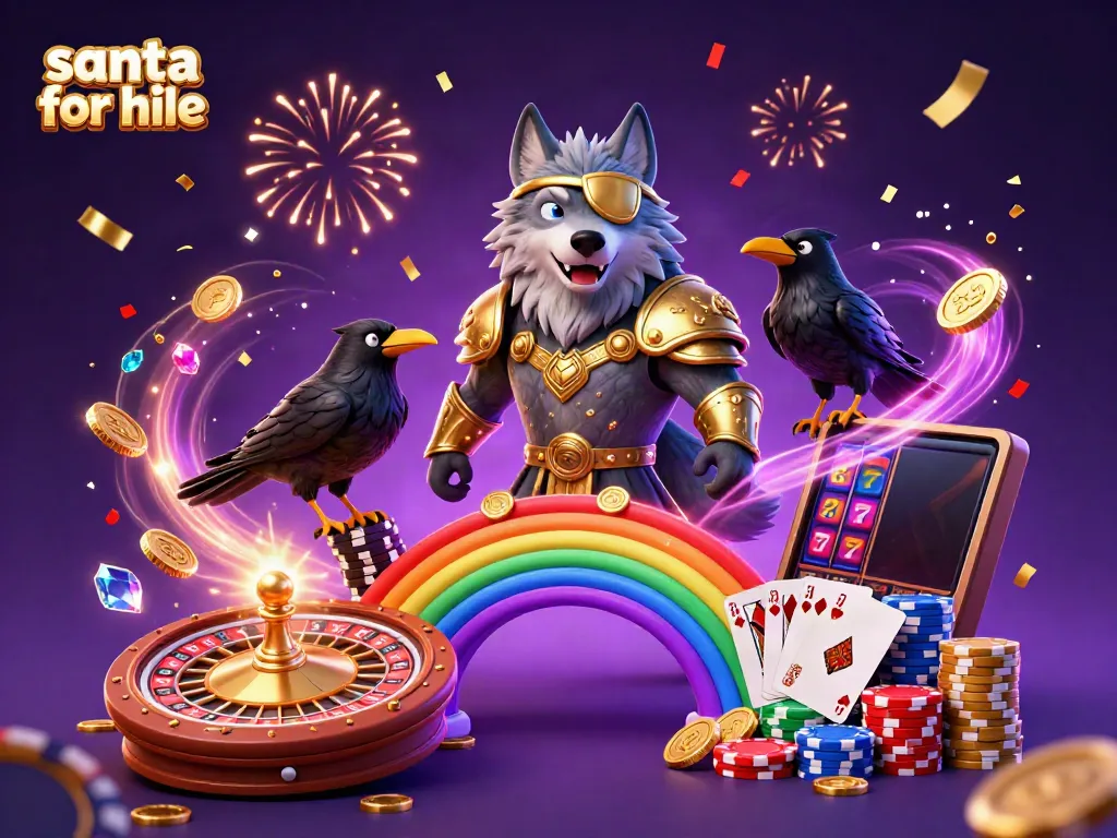 Experience the magic of Christmas with Santa for hire, amidst vibrant casino elements and festive energy.