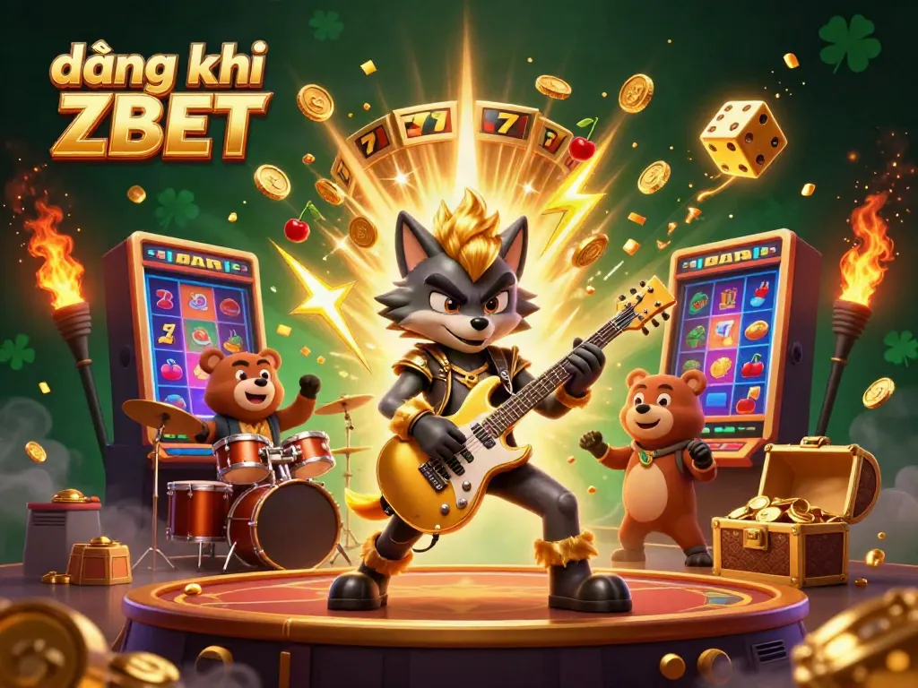 This vibrant scene illustrates a 3D rock star wolf celebrating the đăng ký ZBET experience in an energetic casino environment.