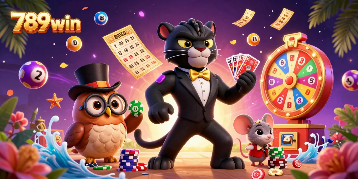 Experience the thrill of 789win with a 3D illustration of a stylish black panther dealer and enchanting casino elements.