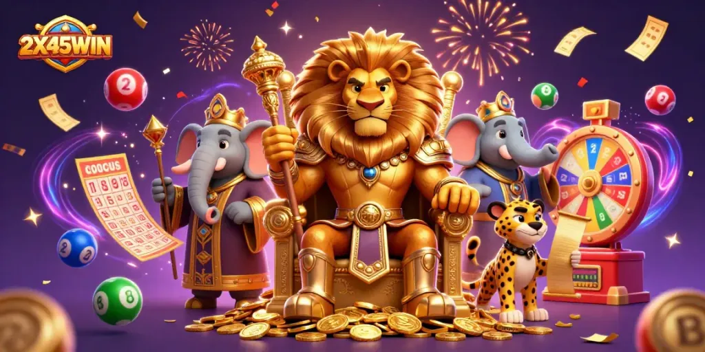 2X45WIN menawarkan ilustrasi kasino yang megah, dengan karakter raja dan elemen permainan yang menarik.