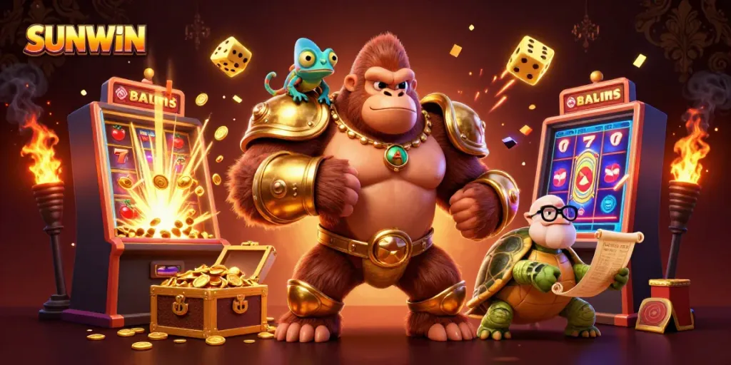 Experience the thrill of SUNWIN's casino games with vibrant characters and dynamic winning elements.