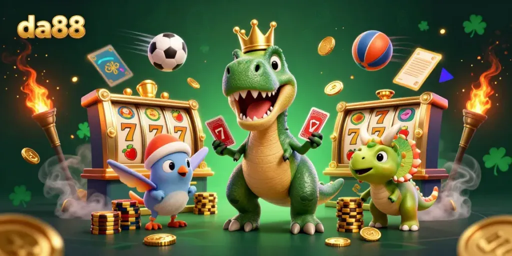 Join the da88 adventure with a T-Rex shuffling cards, a pterodactyl assisting, and a triceratops stacking chips in a vibrant casino.