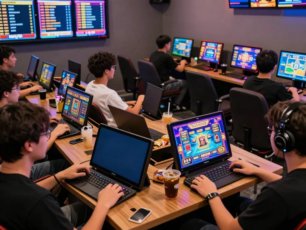 Players engaged in thrilling online slot games at https://da88z.net/ in a vibrant gaming lounge.
