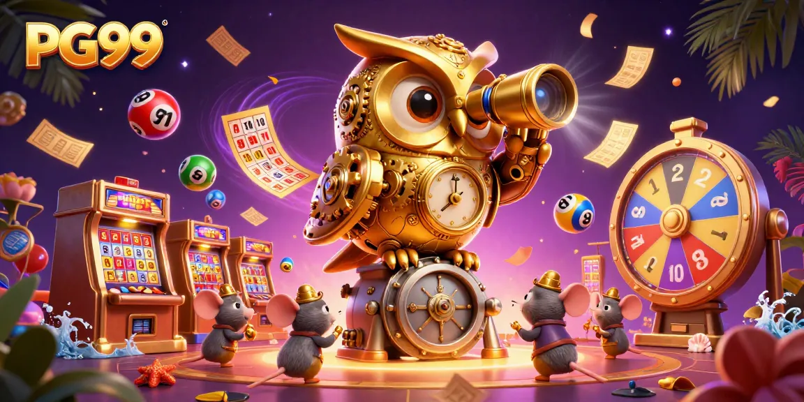 Experience the thrilling casino atmosphere of PG99 with a lively scene showcasing a golden owl and playful mice amidst vibrant gaming elements.