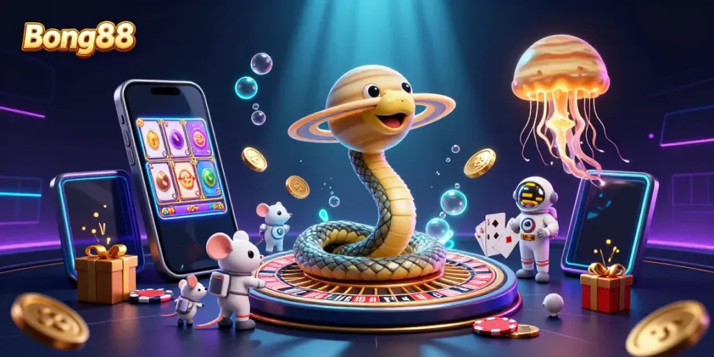Bong88 immersive gaming experience with a snake roulette wheel and astronaut mice betting.