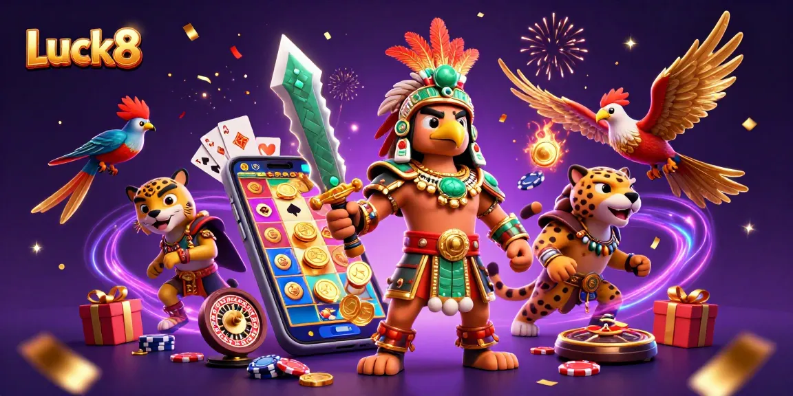Spin and win at Luck8 with a vibrant 3D casino scene featuring a warrior eagle and dynamic games.
