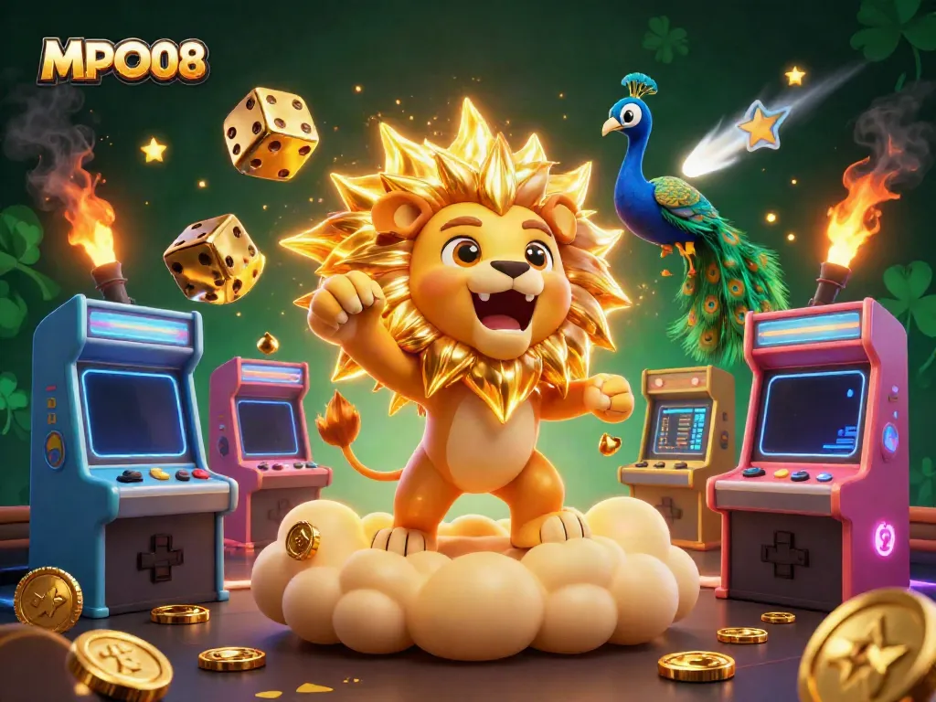 MPO08 showcases vibrant interactions between a roaring sun lion and golden dice in a thrilling casino scene.