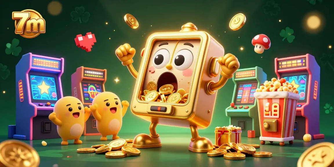Jackpot excitement with 7m at a casino scene featuring jubilant slot machines and golden coins.