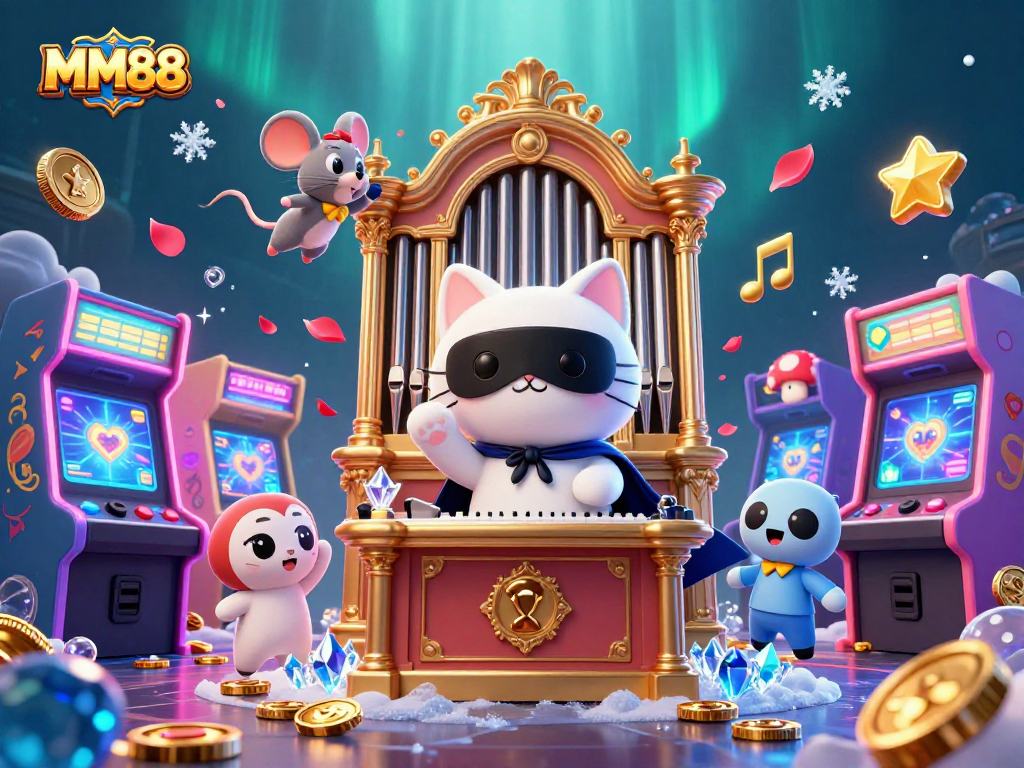 Experience MM88's vibrant casino environment with a whimsical 3D phantom cat and lively game elements.