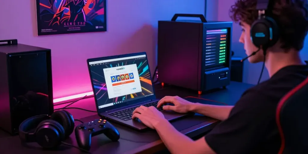 Player engaged in rokok88 slot login on a sleek laptop, surrounded by gaming gear.