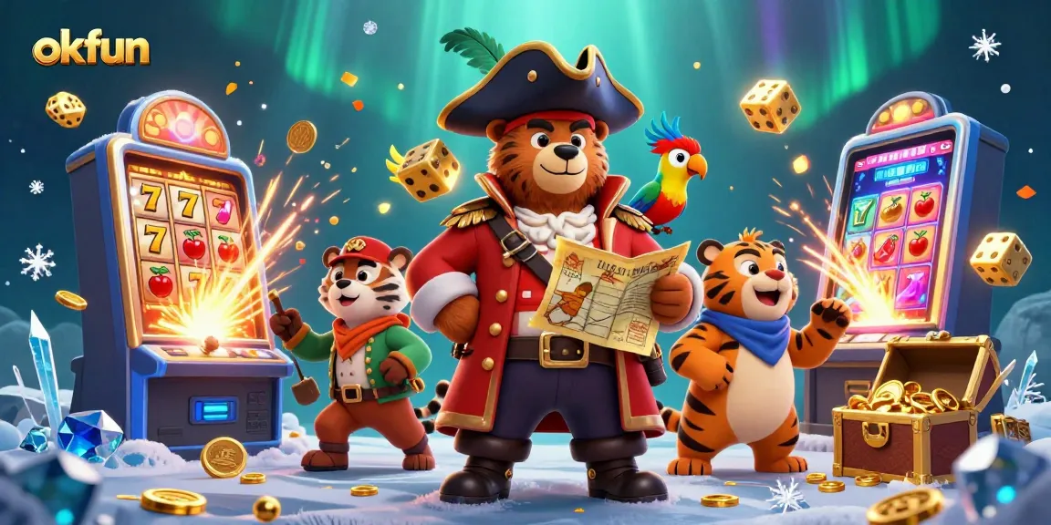 Experience the thrill of okfun with vibrant slot machines and 3D characters celebrating big wins.