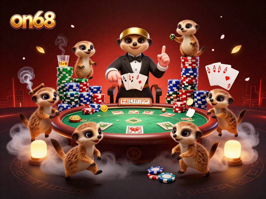 Experience thrilling action at on68 casino with meerkats indulging in poker and vibrant gaming elements.