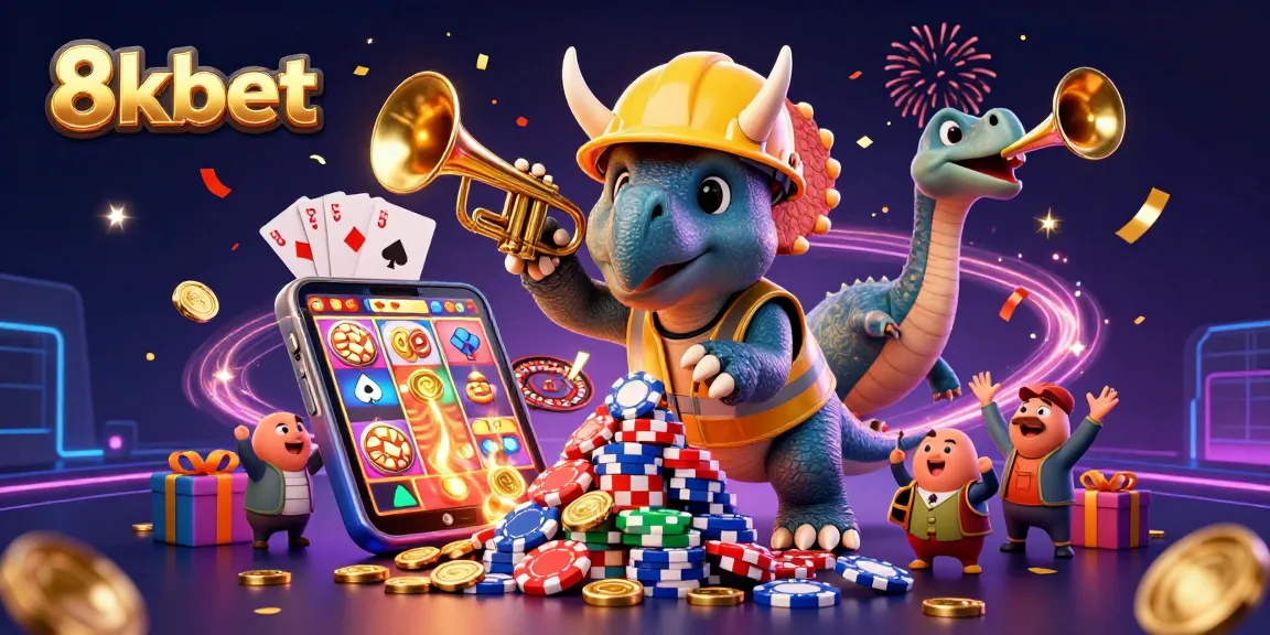 Cheerful celebration with the 8kbet triceratops and parasaurolophus amidst casino excitement, poker chips, and festive energy.