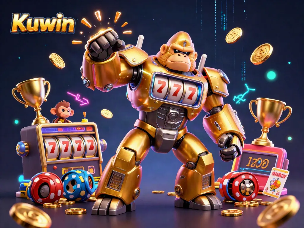 Kuwin-themed illustration of a dynamic golden gorilla mech surrounded by bursting coins and slot machine elements, symbolizing exciting gaming.
