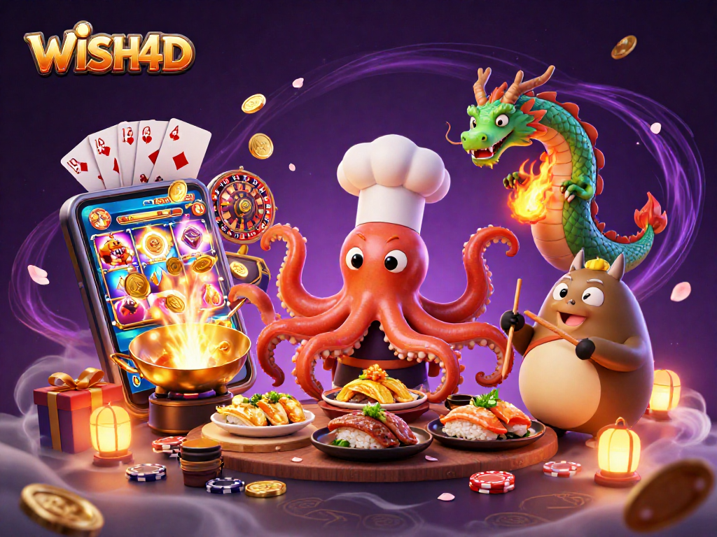 Experience WISH4D with a lively scene of a sushi octopus and dragon at a vibrant casino.