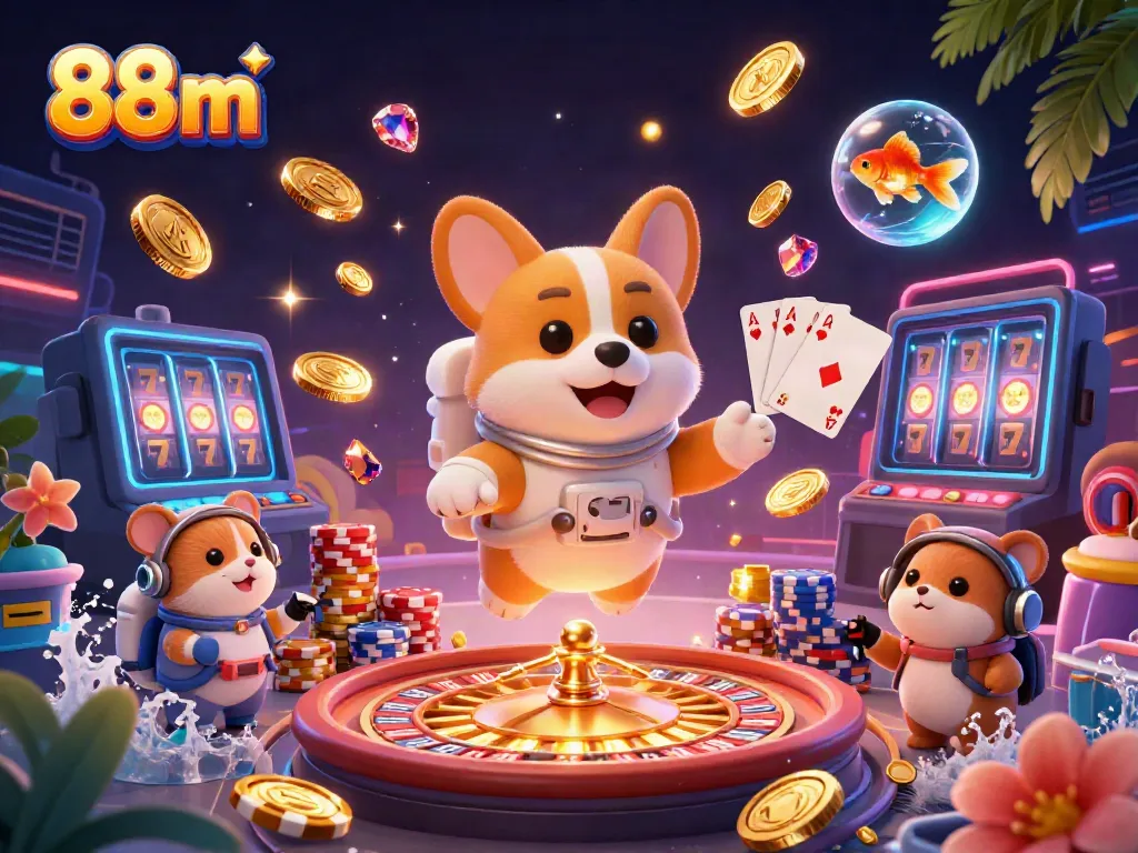 Experience 88m's thrilling casino action with cartoon astronaut corgi, winning poker chips and coins floating in space.