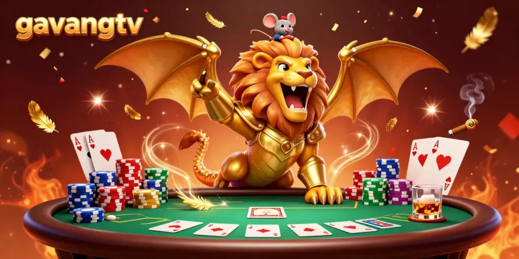Experience the thrill of gambling with gavangtv's dynamic poker scene featuring a majestic chimera and lively elements.