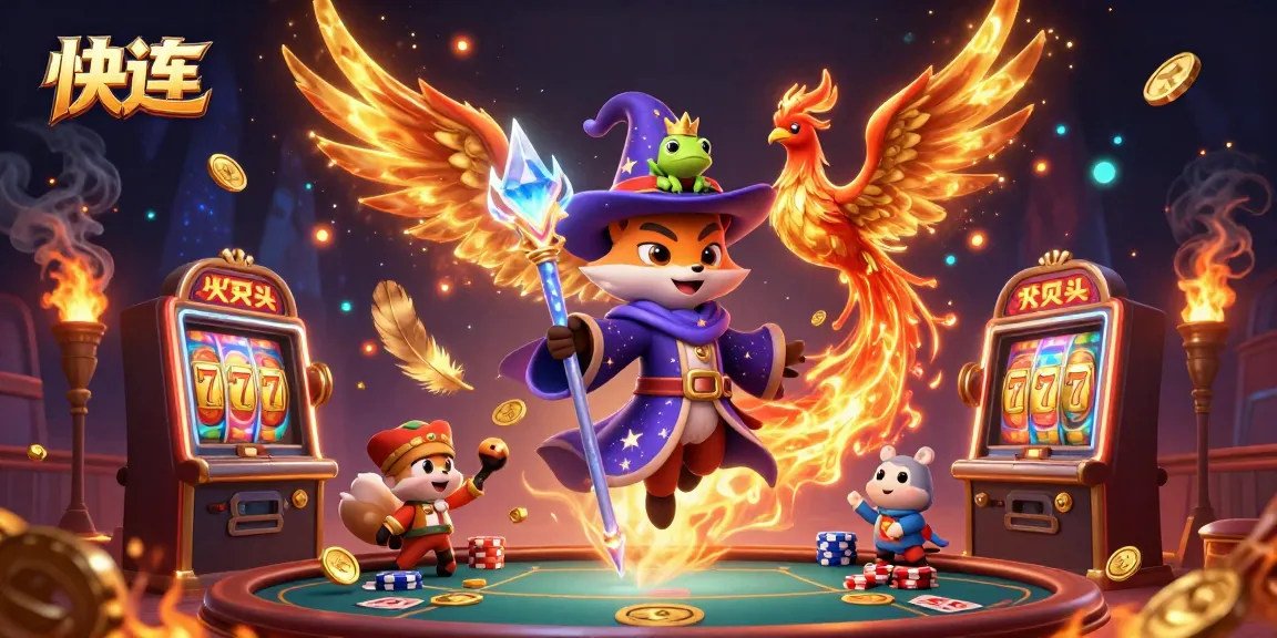 快连 gaming scene featuring a wizard fox and phoenix amidst slot machines and poker tables.