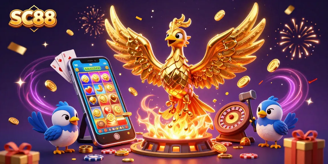 SC88 captivates players with golden phoenix and exciting gaming elements in a vibrant casino scene.