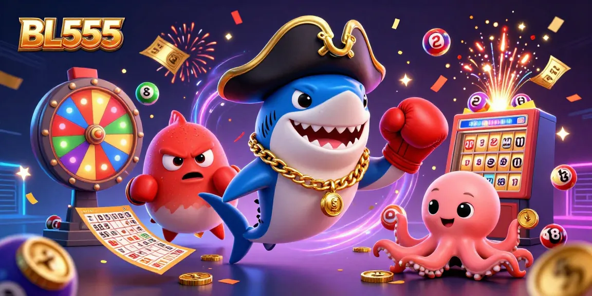 Engage with the dynamic scene of BL555 as the pirate shark, pufferfish, and octopus celebrate alongside colorful gambling elements.
